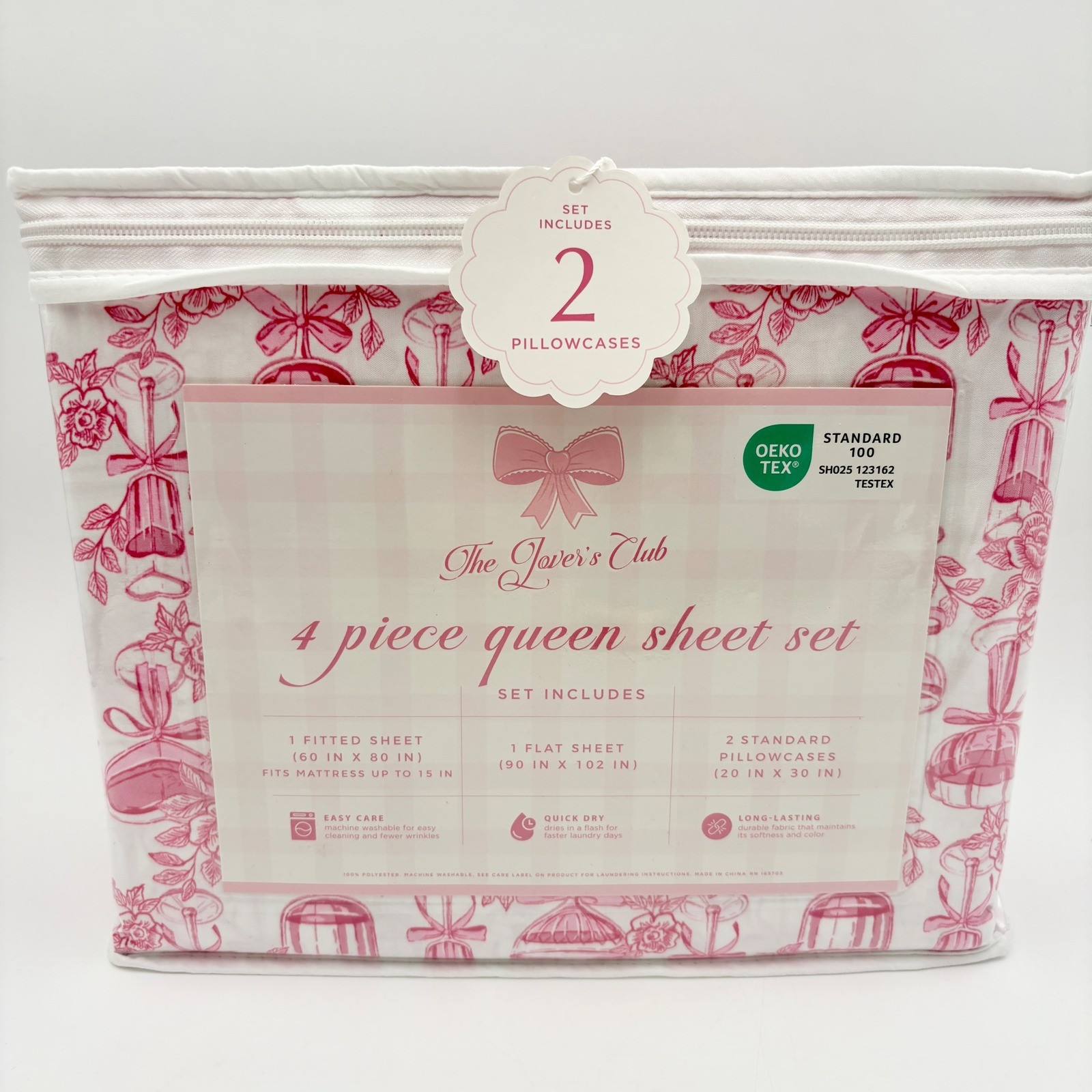 The Lovers Club Queen 4pc Sheet Set Pink Champagne Glass Floral Print Super Soft gallery