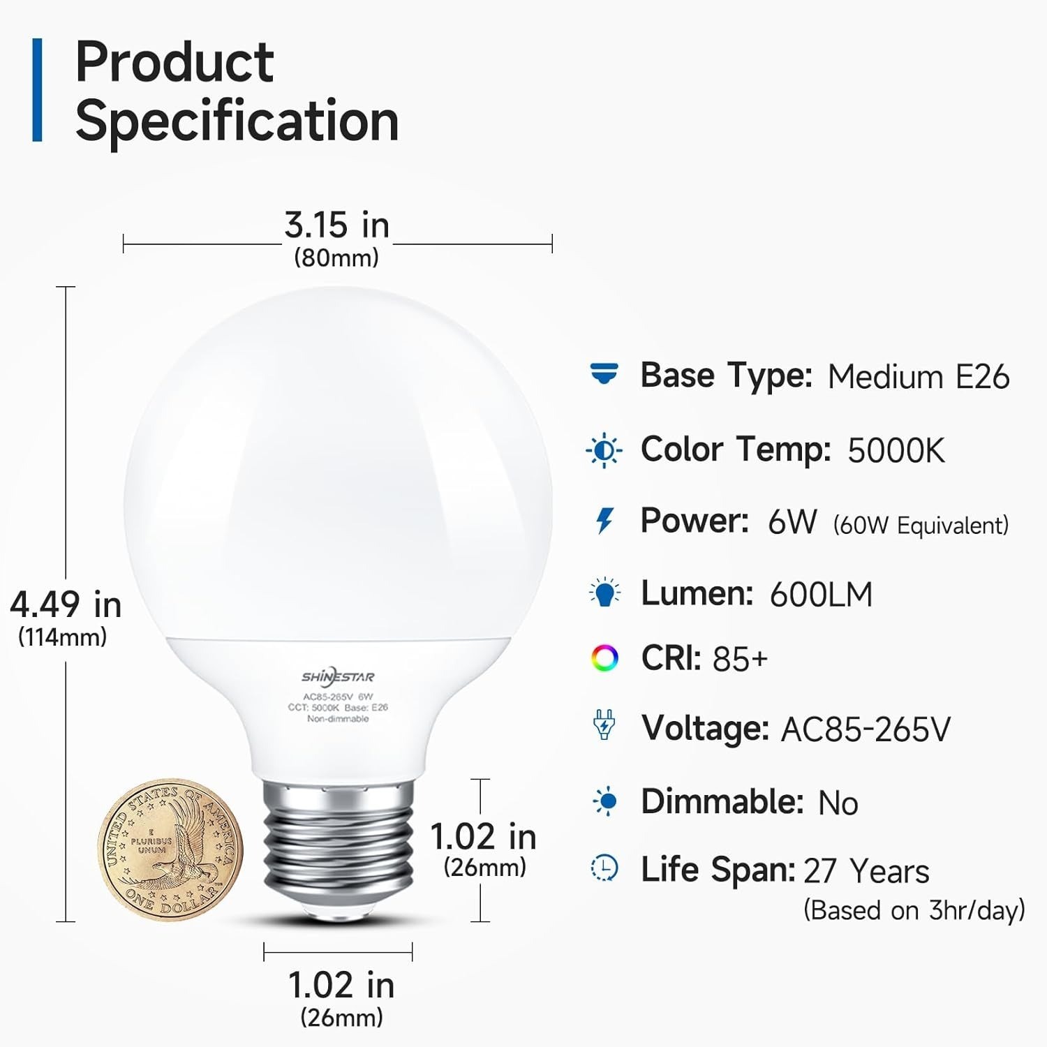 8-Pack Light Bulbs, Daylight 5000K, 60w Equivalent, G25 LED Globe Light Blubs gallery