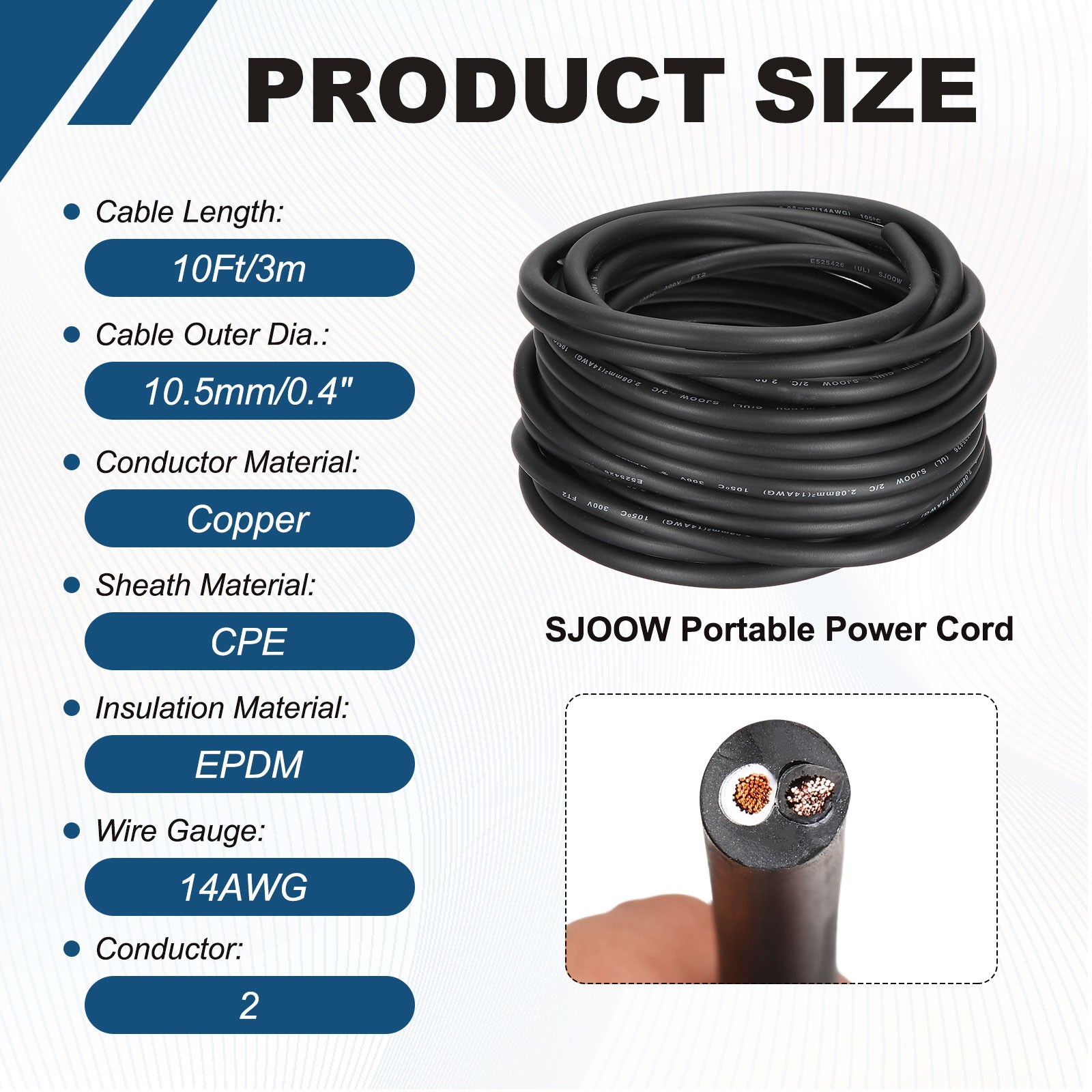 SJOOW 14 Gauge 2 Conductor Electrical Wire 10ft 14 AWG Portable Power Cable 300V gallery