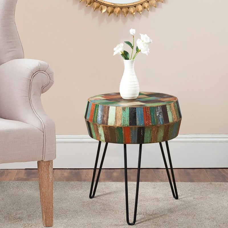 Greenage Side End Table Solid Reclaimed Wood Nightstand Round 3D Round 23.5" H gallery