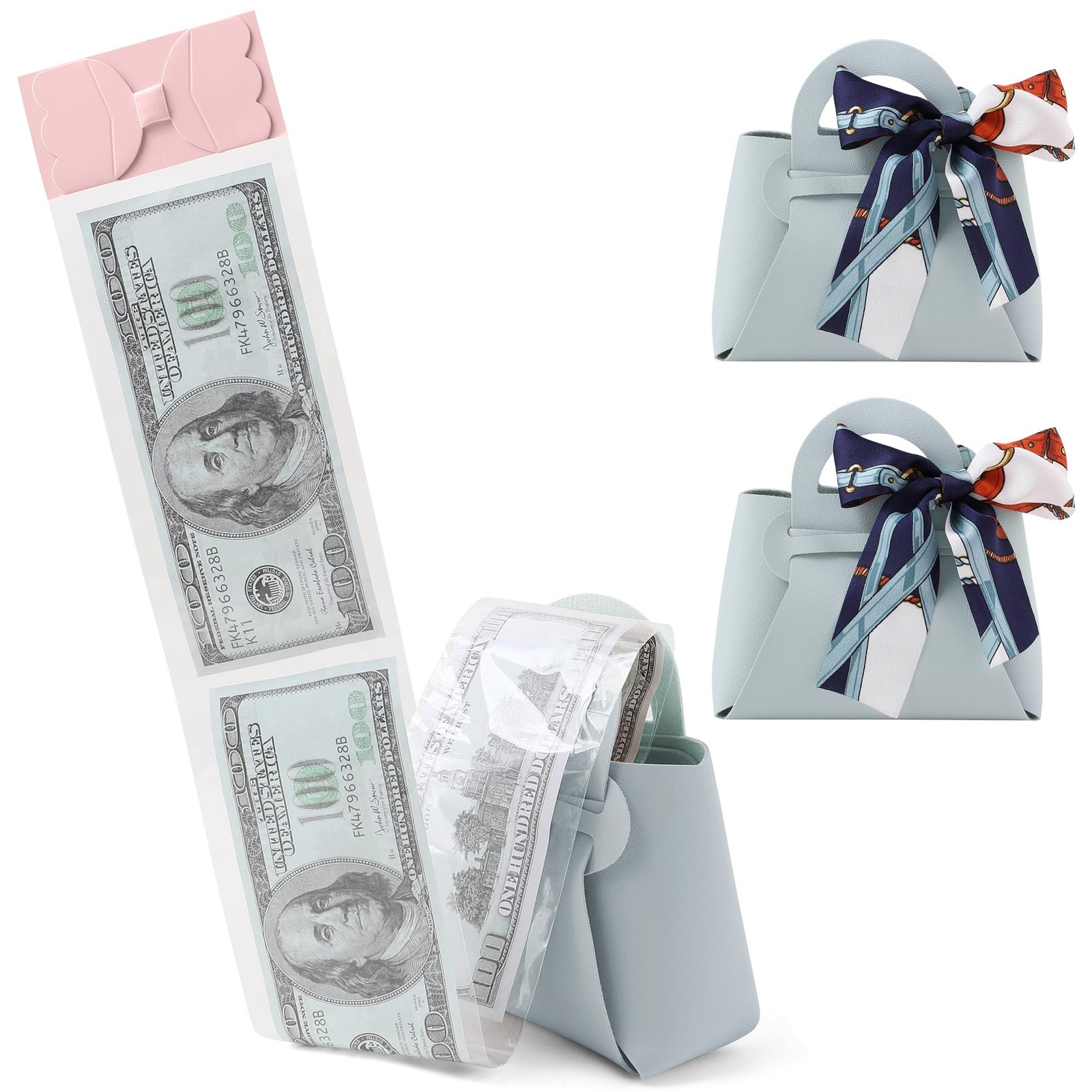2 PCS Blue Leather Money Pull Box For Cash With Ribbon And 30 PCS Bags gallery