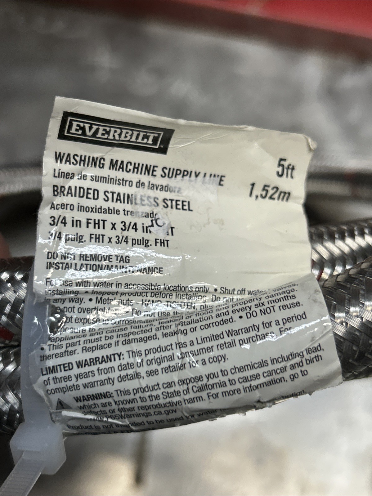Everbilt 5ft Stainless Braided Steel Hot Washing Machine 3/4 FHTConnector Hoses gallery
