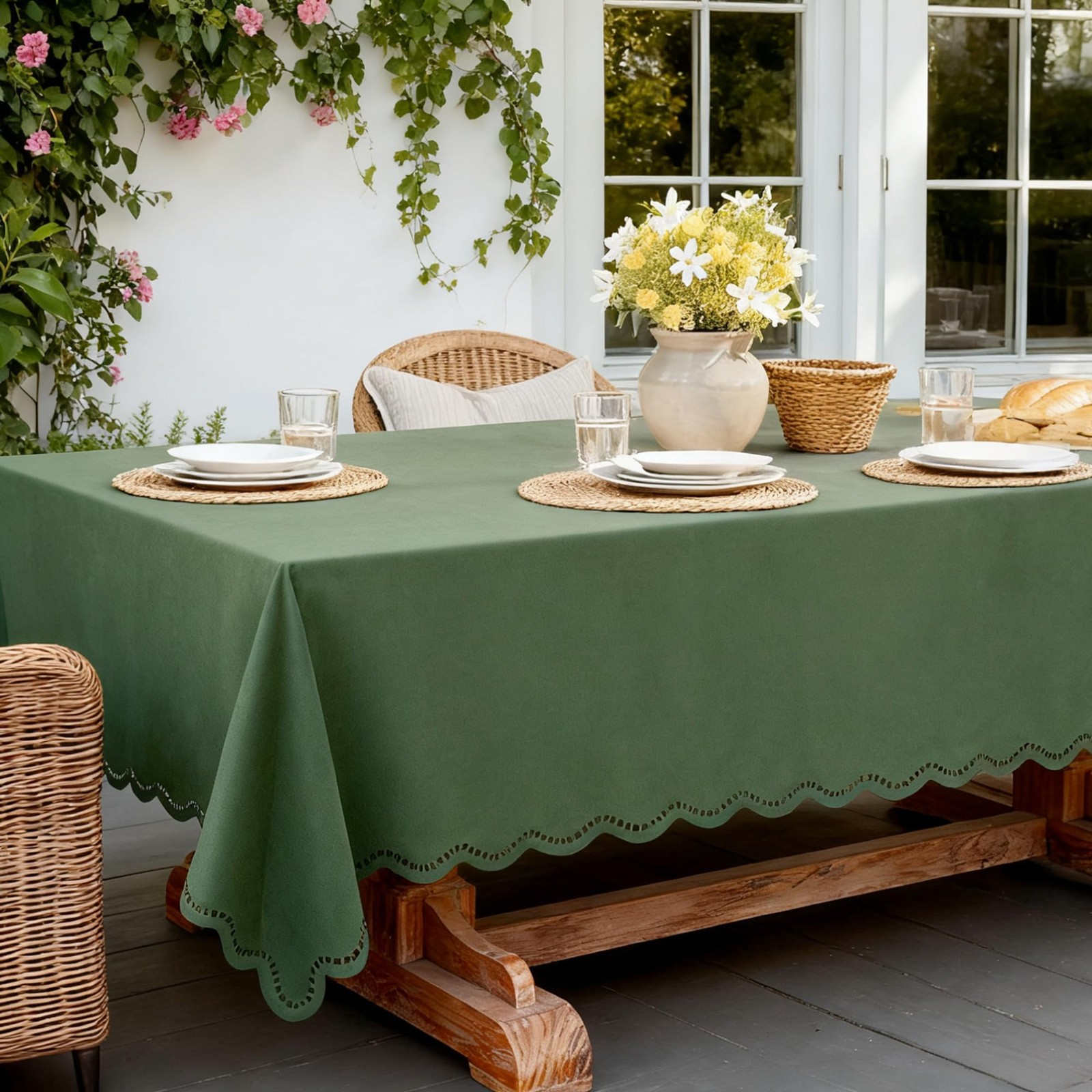 Moss Green Rectangle Linen Waterproof Stain Resistant Farmhouse Tablecloth 55x84 gallery