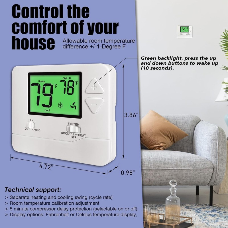 User-Friendly Non-Programmable Thermostat with Large Green Backlit Display gallery