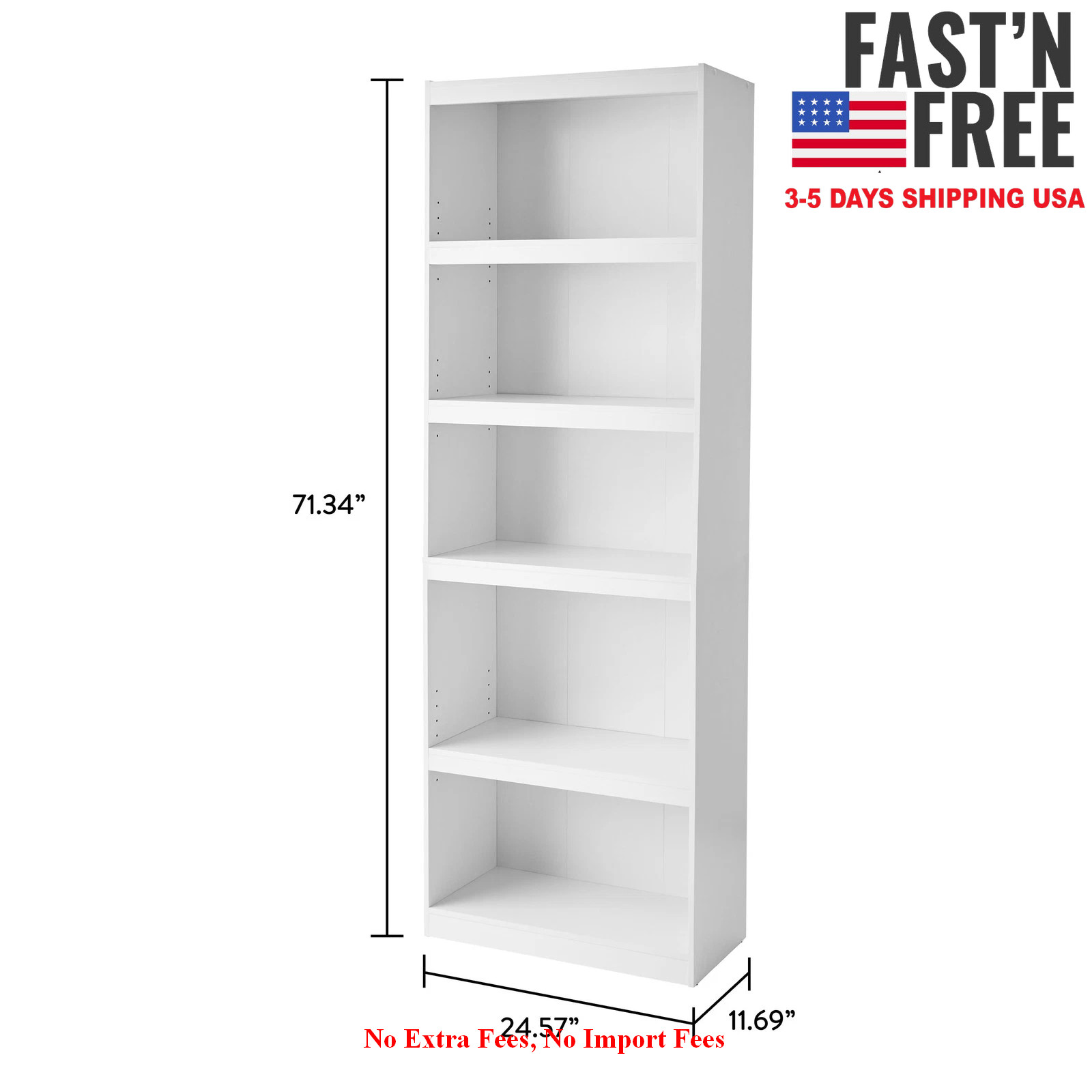 [HOT SALE] Framed 5-Shelf Bookcase with Adjustable Shelves, White, NEW USA gallery