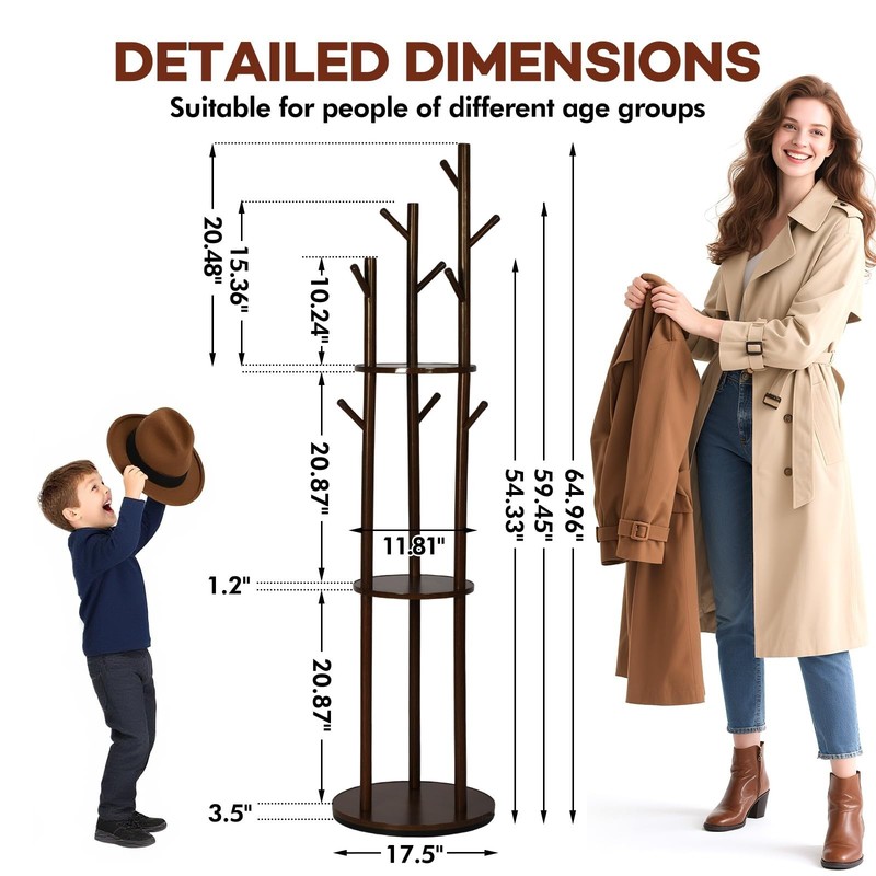 Freestanding Coat Rack, Solid Pine Wood Rotary Coat Tree with 3 Shelves and 9... gallery