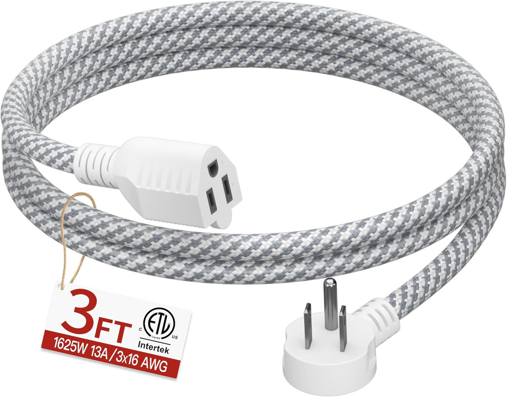 16/3 Flat Plug Braided Extension Cord 3 FT, Indoor 3 Prong Grounded Low Profile
