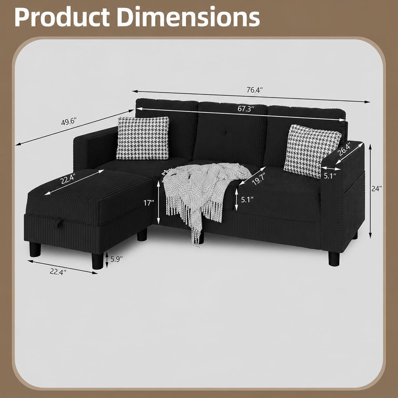 Convertible Sectional Sofa with Storage Ottoman, 77” L-Shaped 3-Seat Couch with gallery