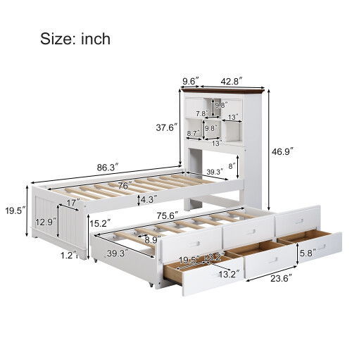Solid Wood Bedroom Sets Captain Bed with Trundle & 3 Drawers Bookcase Headboard gallery