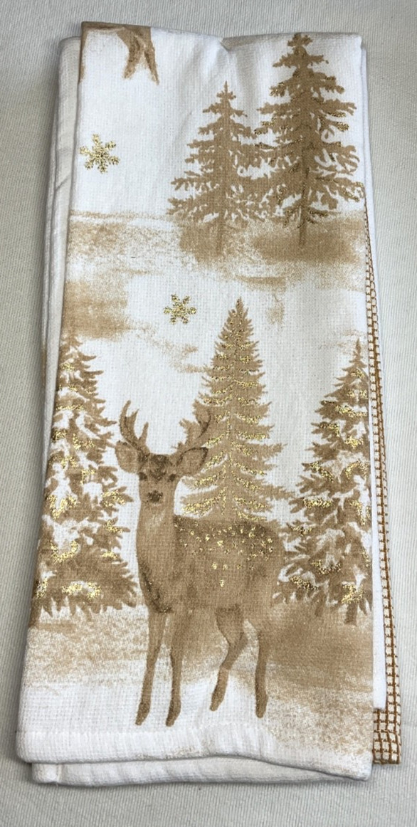 NICOLE MILLER HOME KITCHEN TOWELS (3) DEER TREES GOLD 18 X 28 100% COTTON NWT gallery