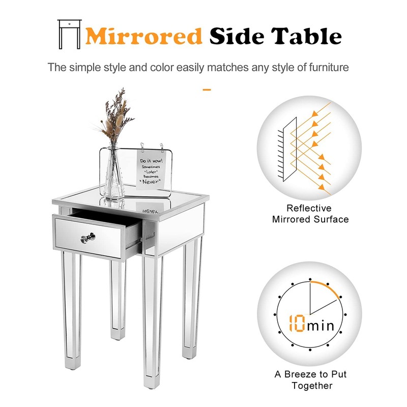 VINGLI Mirrored End Table with Drawer Silver Modern 1 Pack, gallery