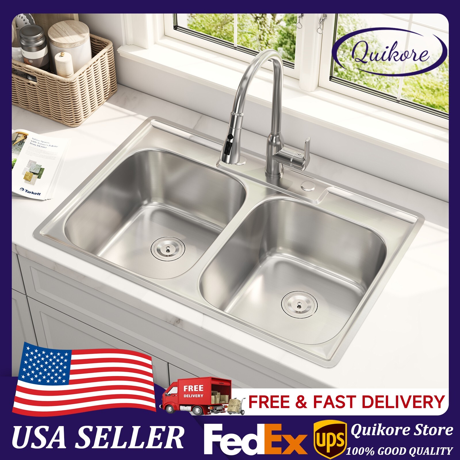 Quikore 33x22 Drop In Double Bowl Kitchen Sink 50/50 Stainless Steel Sinks gallery
