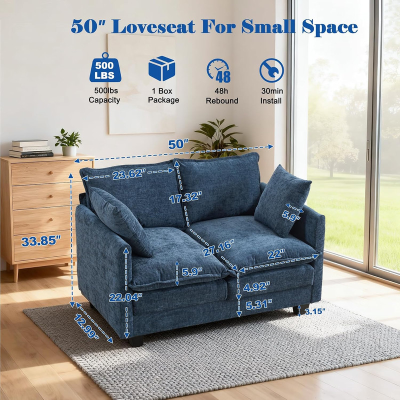 Loveseat Sofa Cloud Sofa Couch 50'', Modern Loveseats 2 Seat Couch 27" Deep Seat gallery