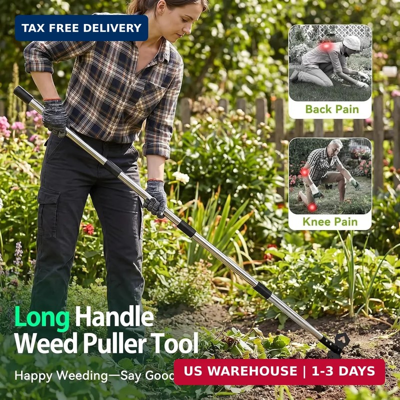 60" Weed Puller Tool with Long Handle, 2-in-1 Weed Rake & Garden Hoe, Stand Up W gallery