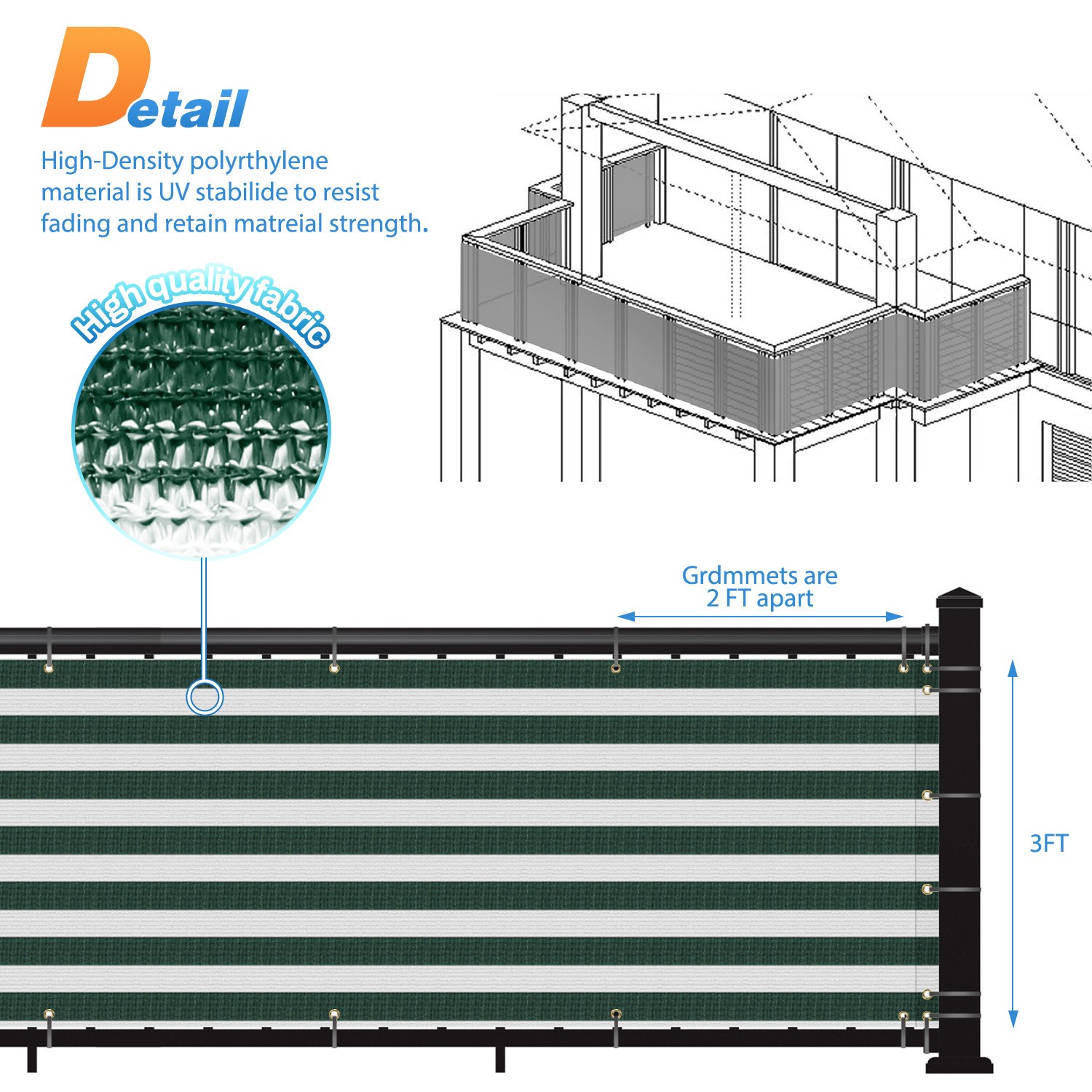35in Tall Balcony Fence Privacy Screen Apartment Windshield Shade Green Stripe gallery