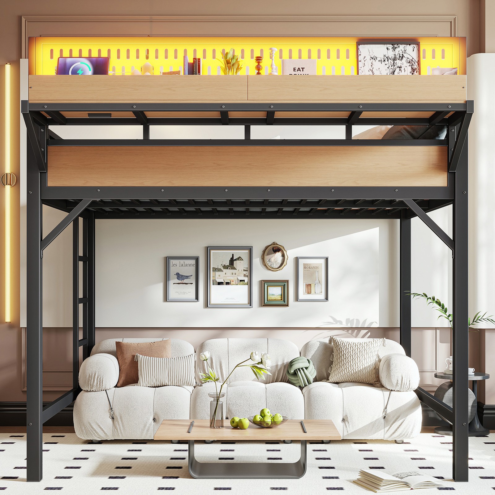 Full Size Loft Bed Frame With Storage Shelves, A Pegboard, USB Ports And LEDs gallery