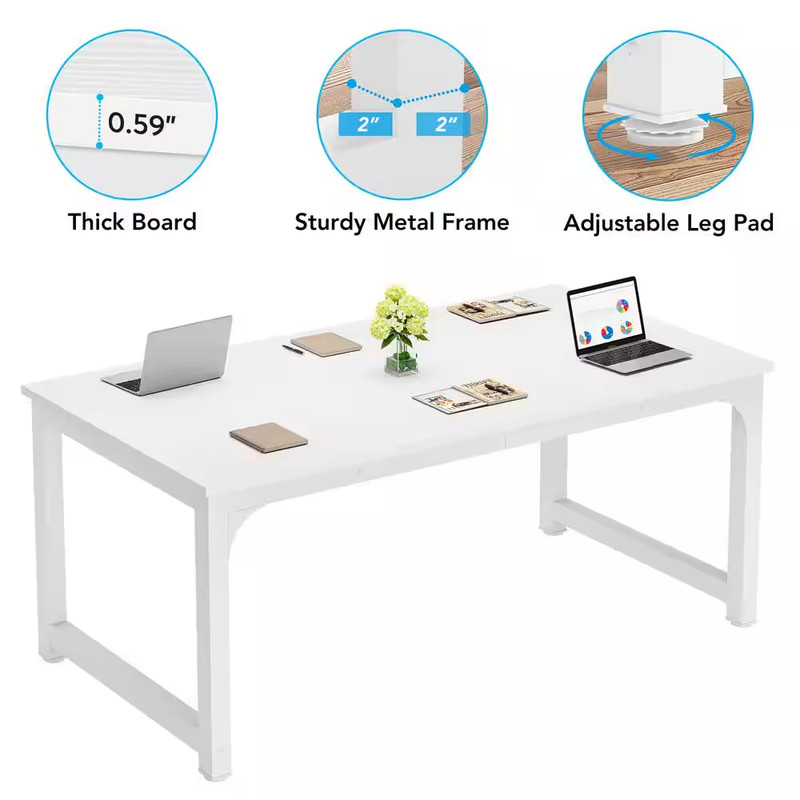 Capen 71 In. Rectangular White Engineered Wood Computer Desk with Thicken Metal gallery