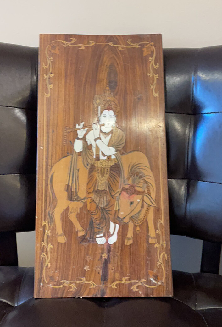Intricate Design Wood Vintage Lord Krishna Holding Flute Wall art gallery