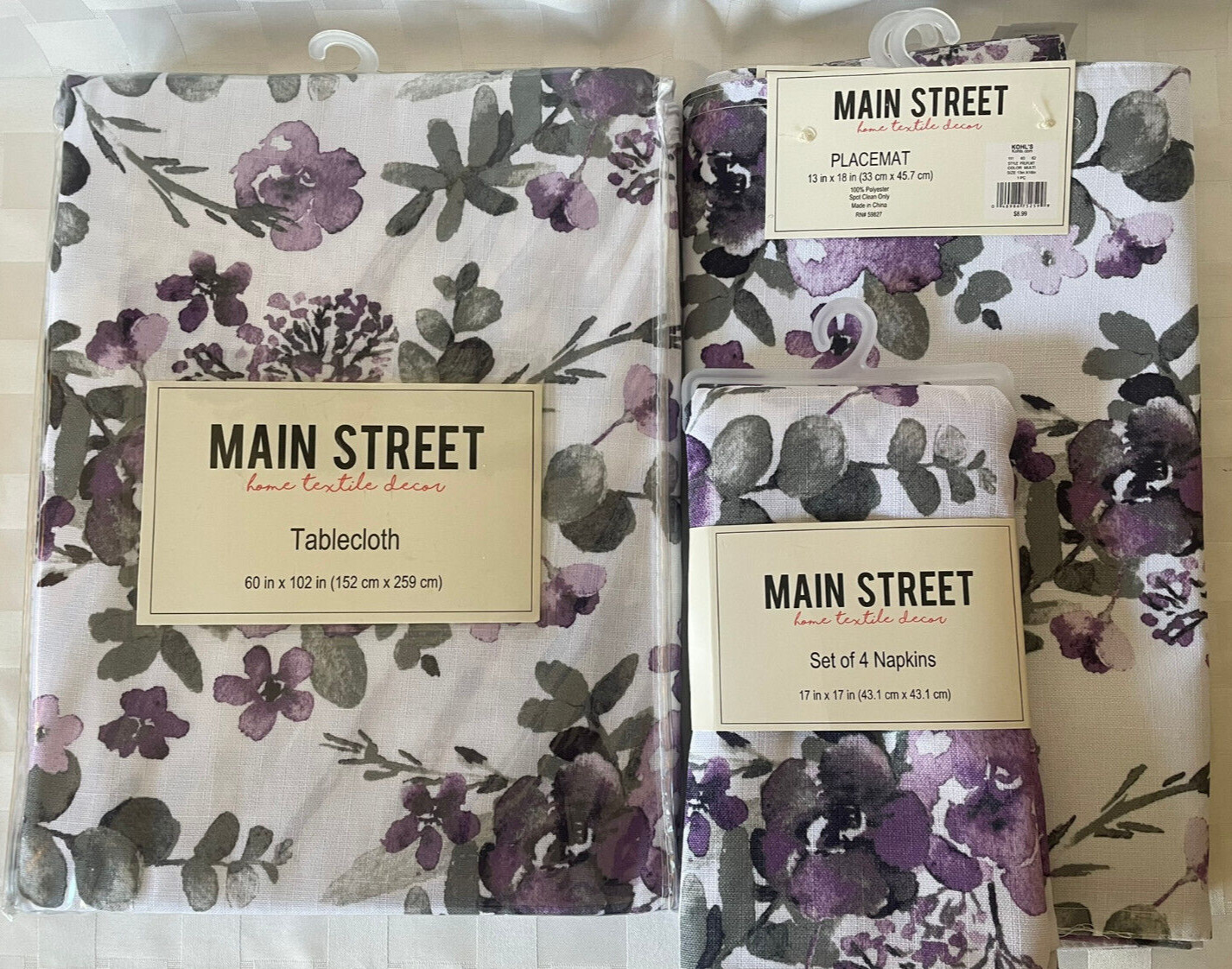 KOHLS Main Street Dining Set TABLECLOTH ~ PLACEMATS ~ NAPKINS Purple Gray Floral gallery