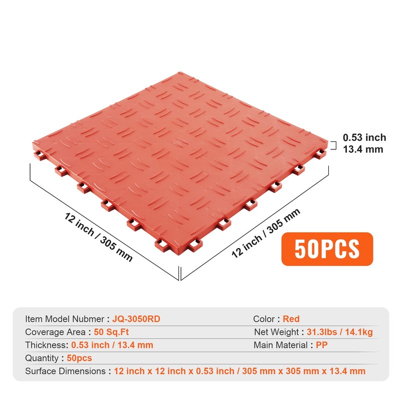VEVOR Garage Floor Tiles Interlocking Flooring 12x12" 50 Pack Bulk 50 sq.ft Red gallery