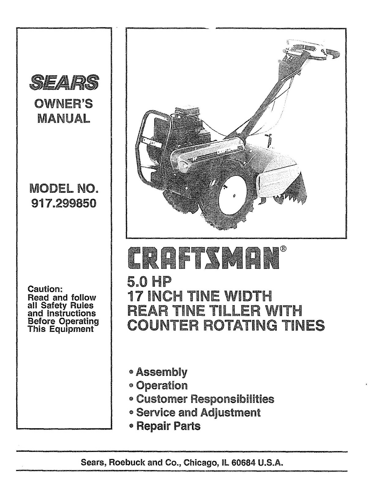 Tiller Operator Instruction Manual Fits Craftsman 5HP 17 inch 917.299850 gallery