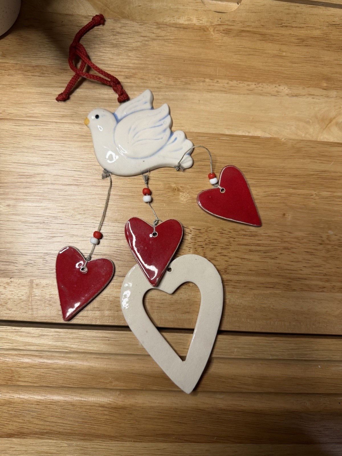 Ceramic Hanging Mobile Decor White Bird with Red Hearts, String, Adults gallery