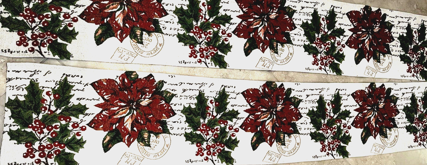 2 Christmas Table Runners Tapestry Fabric Poinsettias & Holly 12" x 70" each gallery