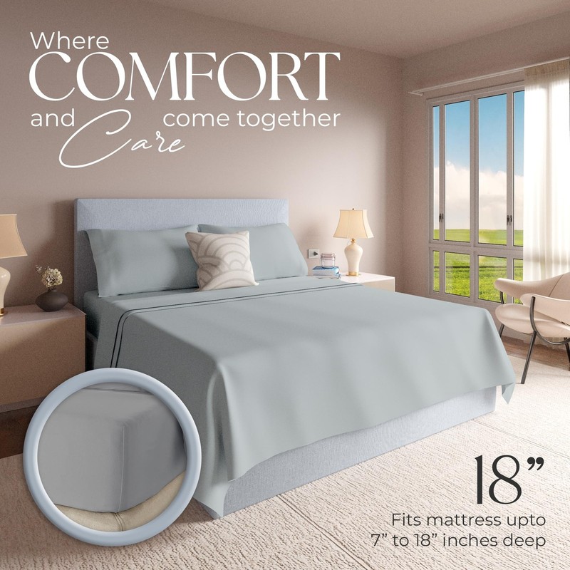 SUPREME ELEGANCE 100% Cotton King Size Sheets Set – Soft Gray, 4-Piece Per gallery