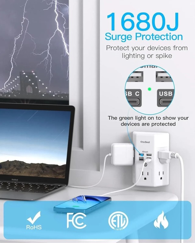 5 Outlet Extender Surge Protector Multi Plug Wall Adapter USB Charger Ports with gallery