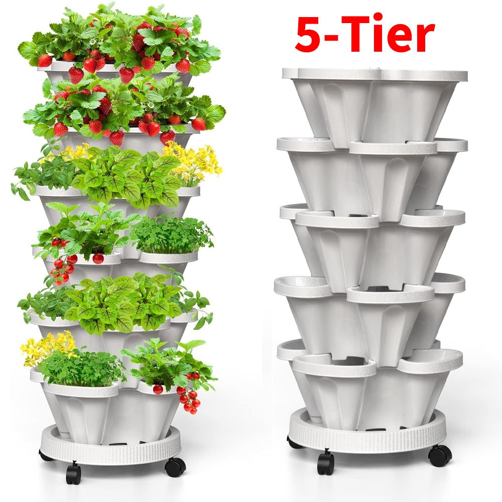 5-Tier Stackable Planters Vertical Planter Garden Flower Pot w/ 360° 5 Wheels US