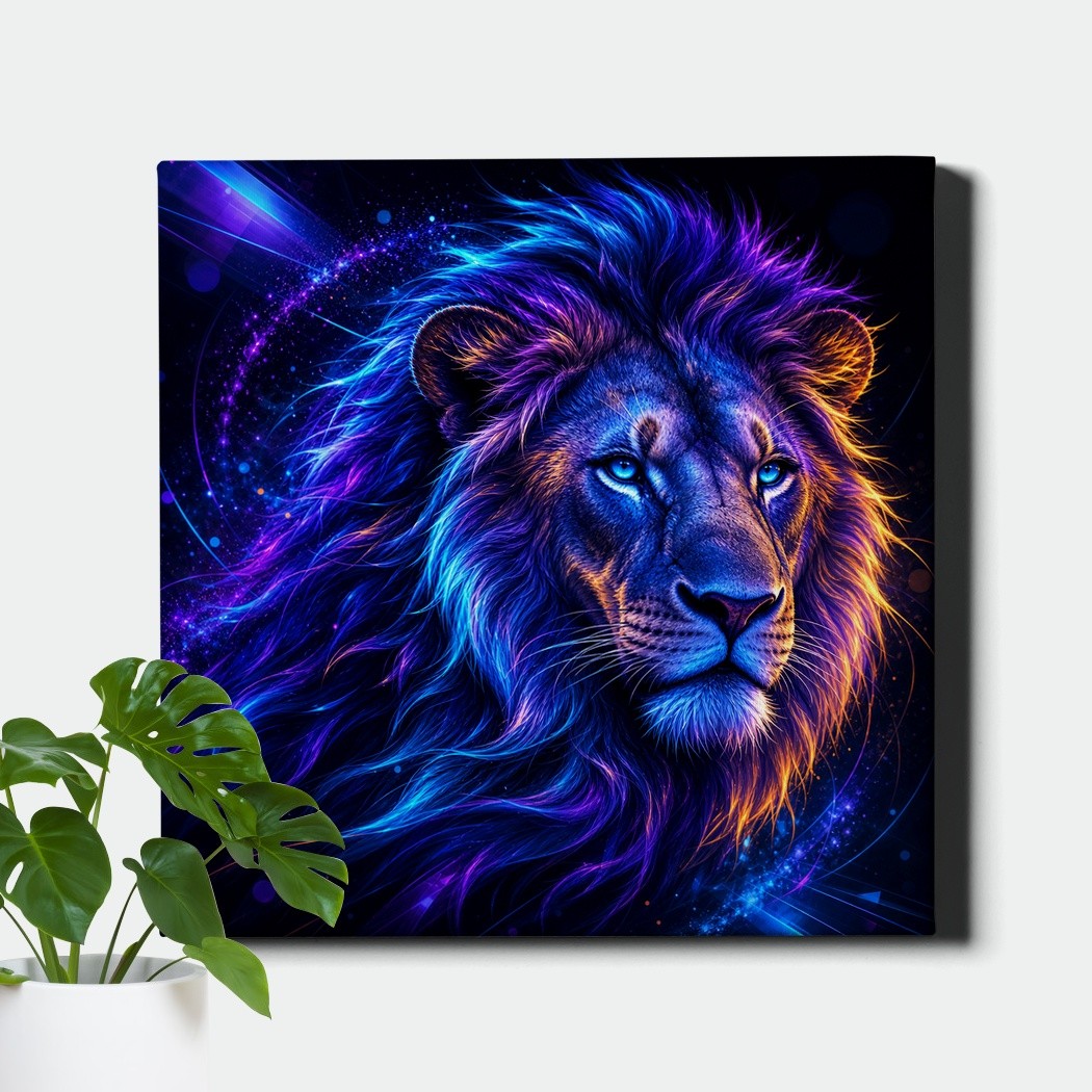 Neon abstract lion portrait Poster Print, colorful animal face painting artwork gallery