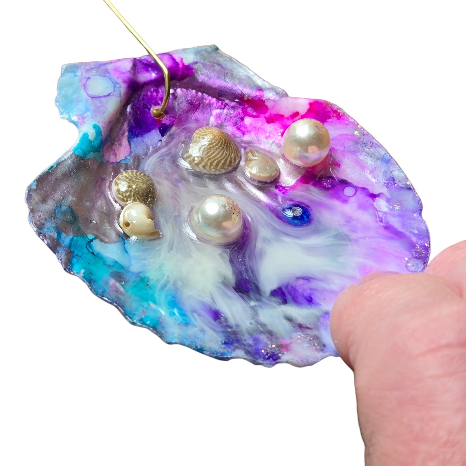 Handmade Alcohol Ink Seashell Decor Resin Sealed Hanging Coastal Boho Ornament gallery
