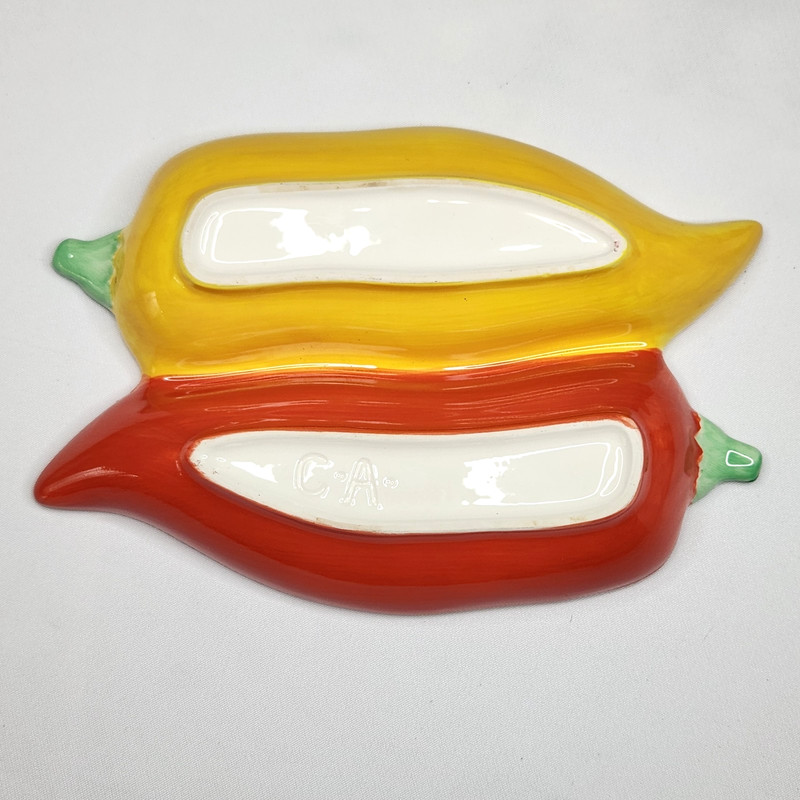 Clay Art Ceramic Chili Pepper Double Serving Dish 9x7in Dips Red Yellow gallery