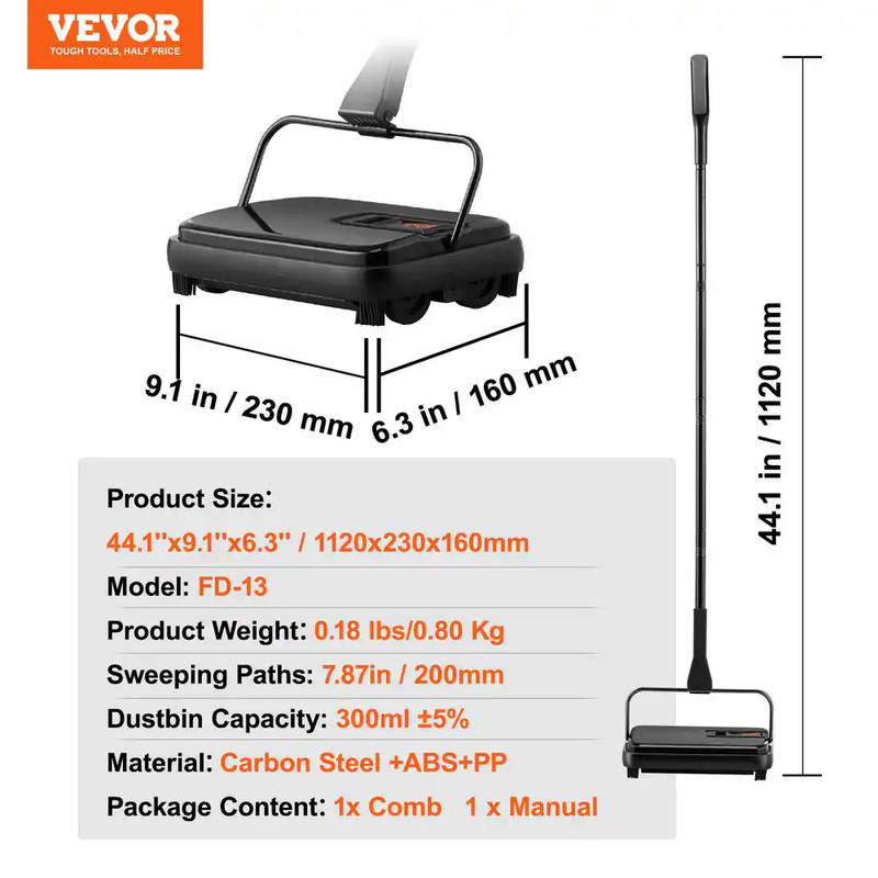 Carpet Sweeper 7.9 In. Sweeping Paths Manual Floor Sweeper with Comb Rugs Black gallery