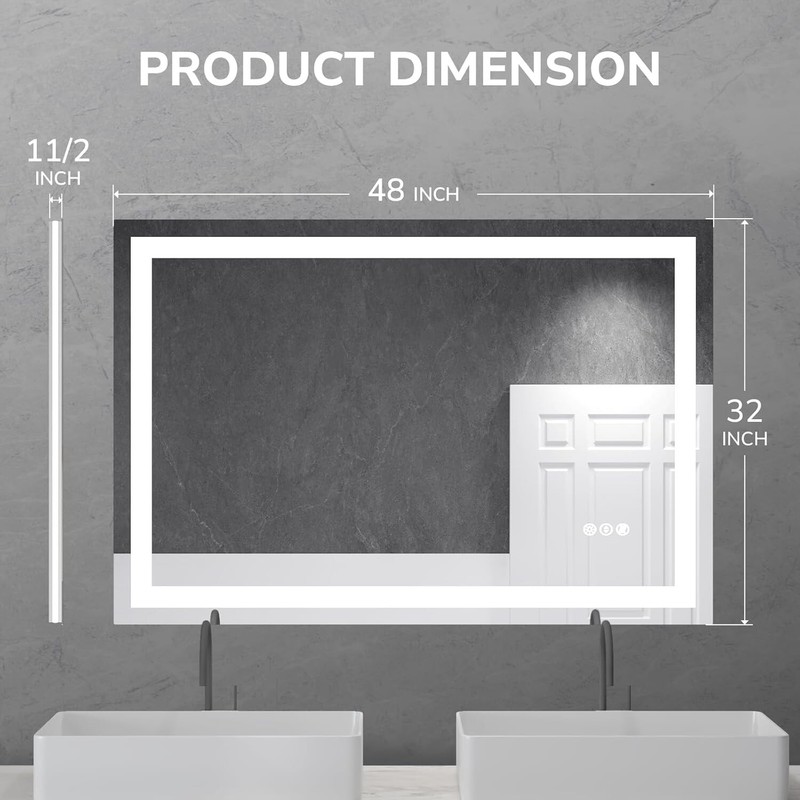 Dimmable LED Bathroom Mirror Lighted Touch Vanity Mirror Anti-Fog 3000K-6000K gallery