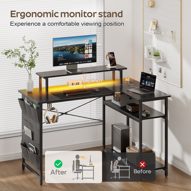 L Shaped Computer Desk with LED Light & Power Outlets, Corner Desk with Side Bag gallery