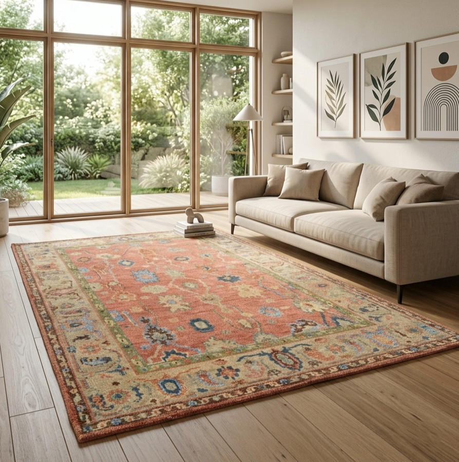 Hand Knotted Oushak Rug Terracotta Wool Vintage Floral Beige Rust Area Carpet gallery