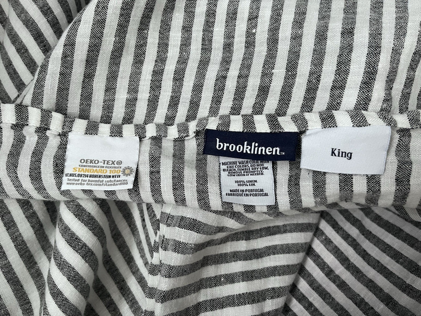 BROOKLINEN 100% linen gray & white striped king flat sheet. OEKO-TEX. More! gallery