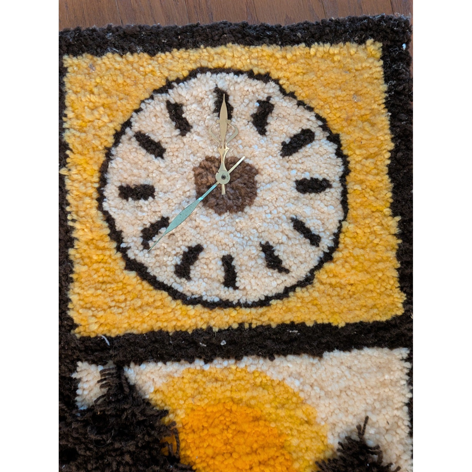 19 70s Latch Hook Rug Wall Clock Shag Fiber Art Landscape Sun Trees 34 x 16 In gallery