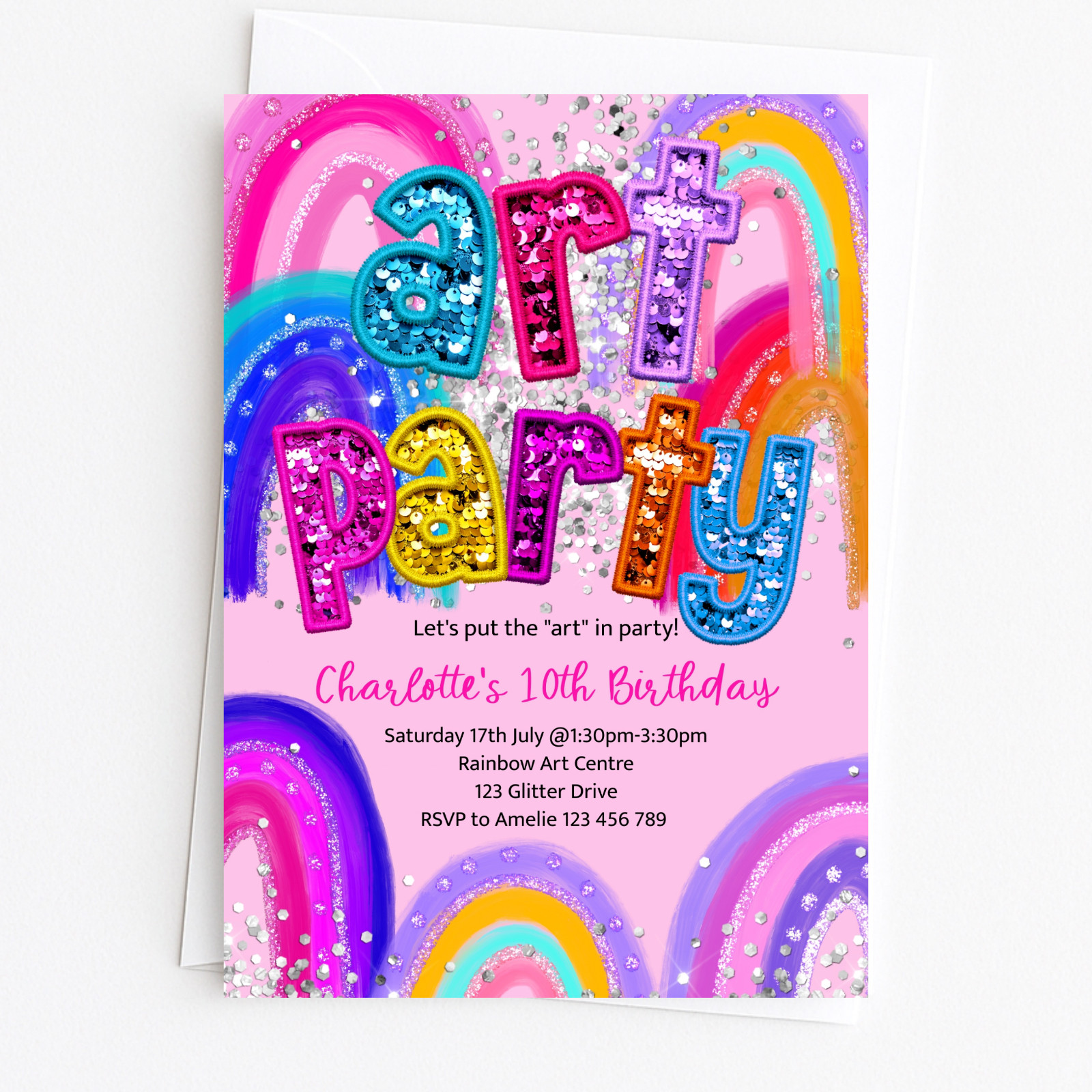 YOU PRINT, Art Party Birthday Invitation, Rainbow Sequin Personalised Custom gallery