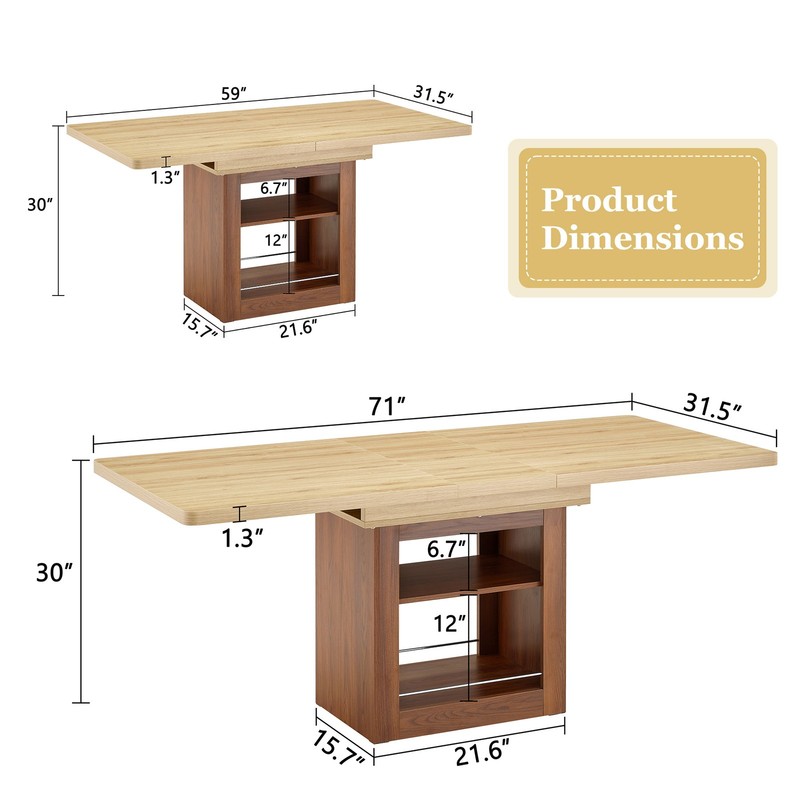 Expandable Dining Table w/storage space,59" to 71" kitchen Dining Table Walnut gallery
