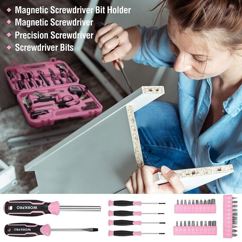 WORKPRO 52-Pieces Pink Tools Set Basic Tool Household Tool Kit w/Storage Toolbox gallery