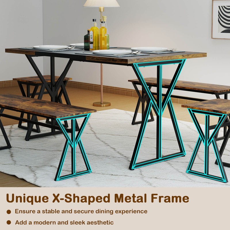 5-Piece Dining Room Set with 2 Benches & 2 Stools, Metal Frame for Small Room gallery