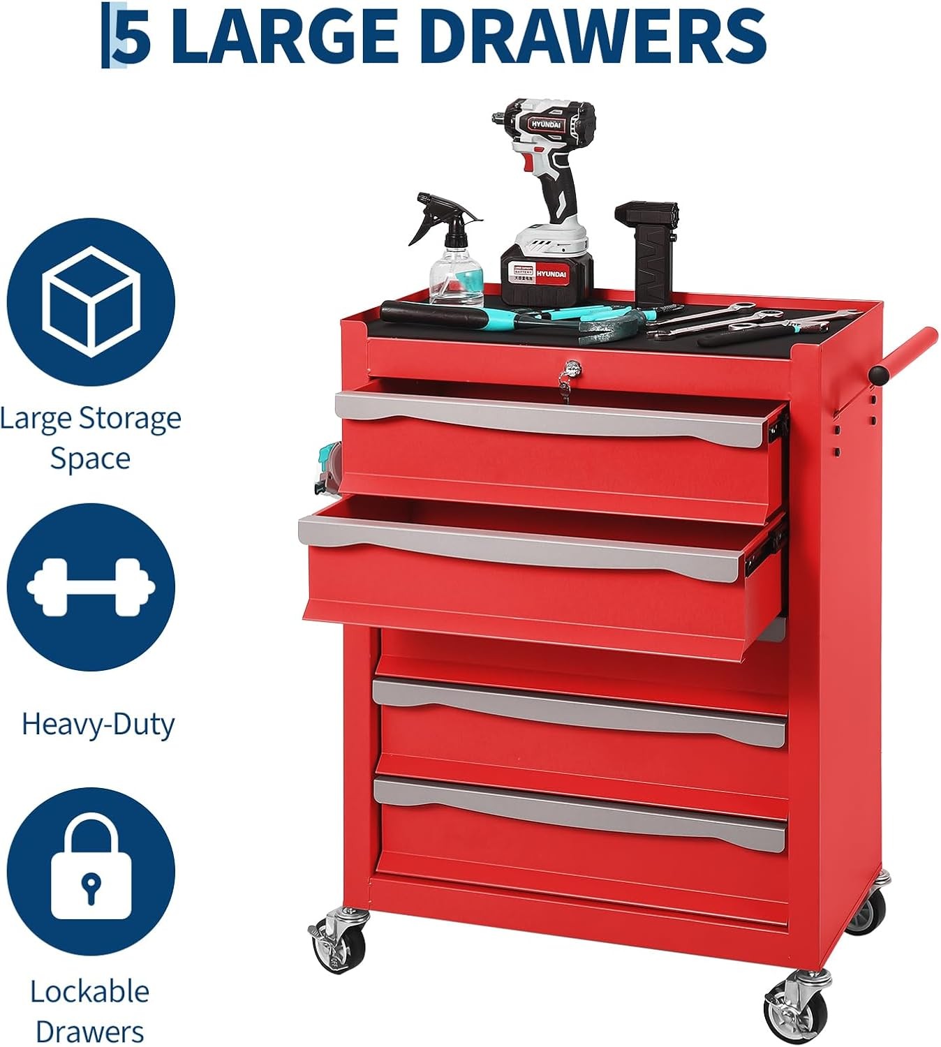 5-Drawer Tool Chest Rolling Tool Cart Large Capacity Steel Tool Storage Cabinet gallery