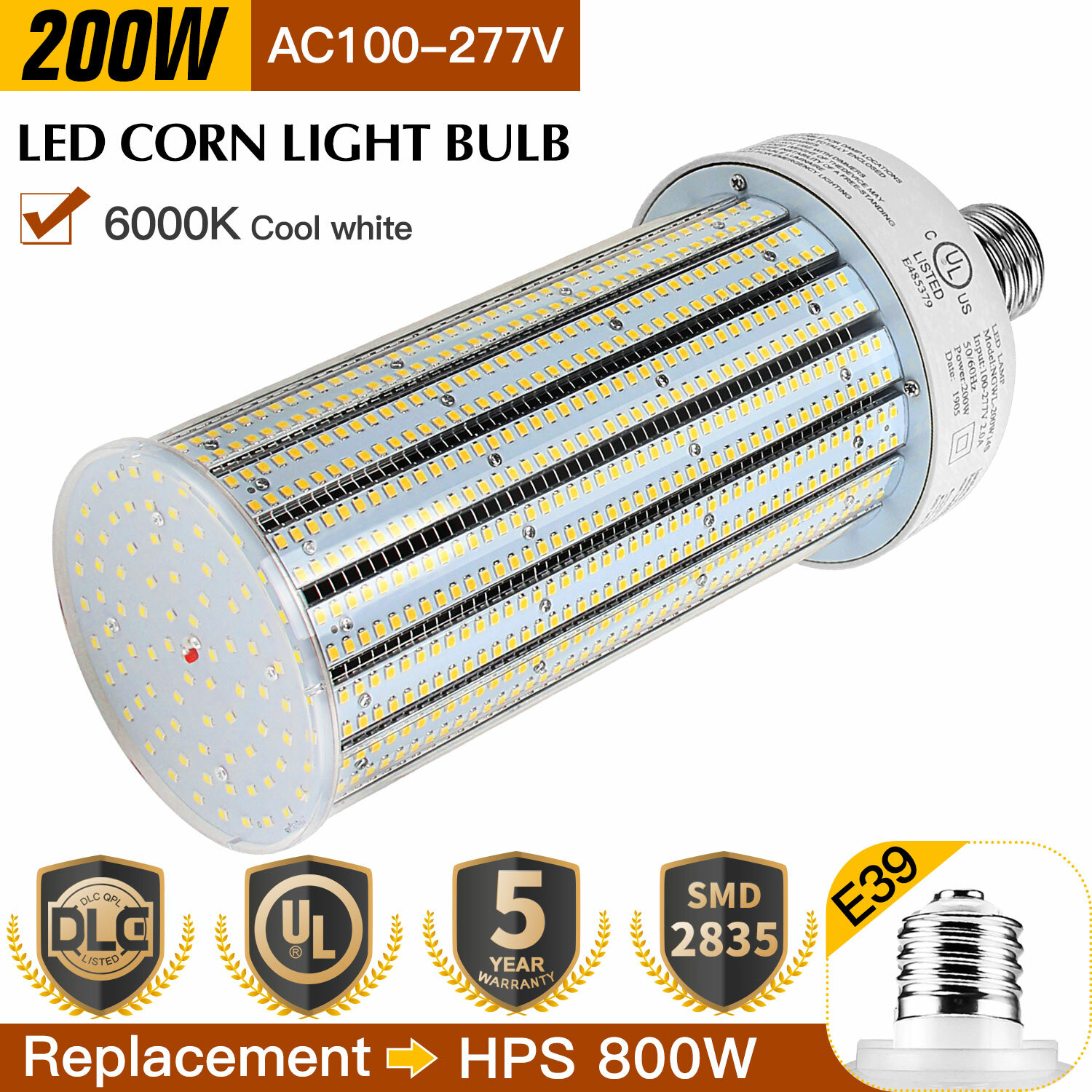200W LED Corn Bulb 28,000 Lumens E39 Base Warehouse High Bay Light Fixture 6000K gallery