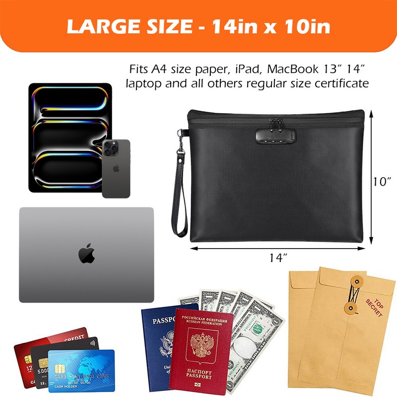 14x10" Fireproof Document Bag With Lock Waterproof Safe Cash A4 Travel Large gallery