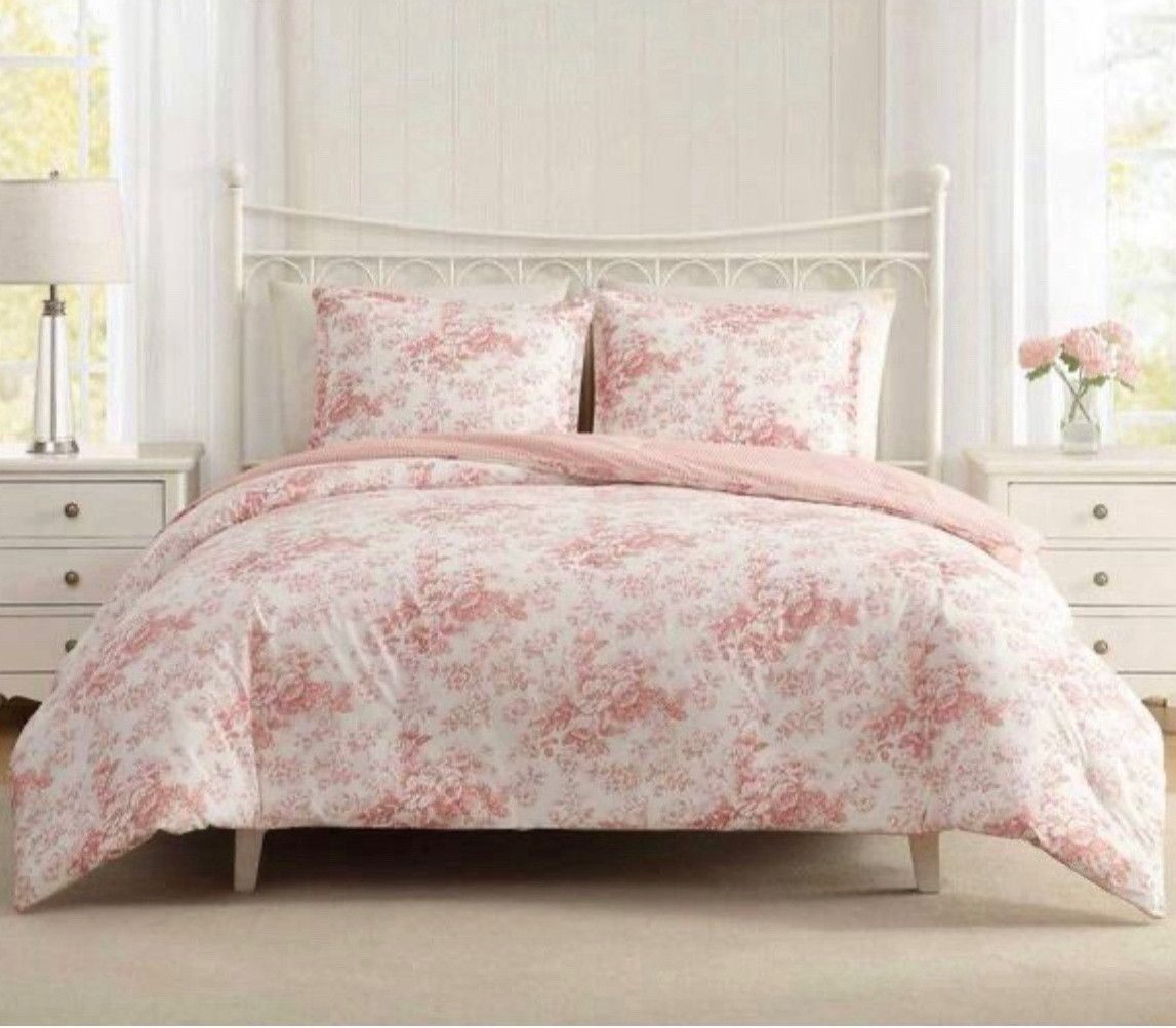Laura Ashley King 3-Piece Comforter Set Toile Delights Pink Floral Cotton Shams gallery