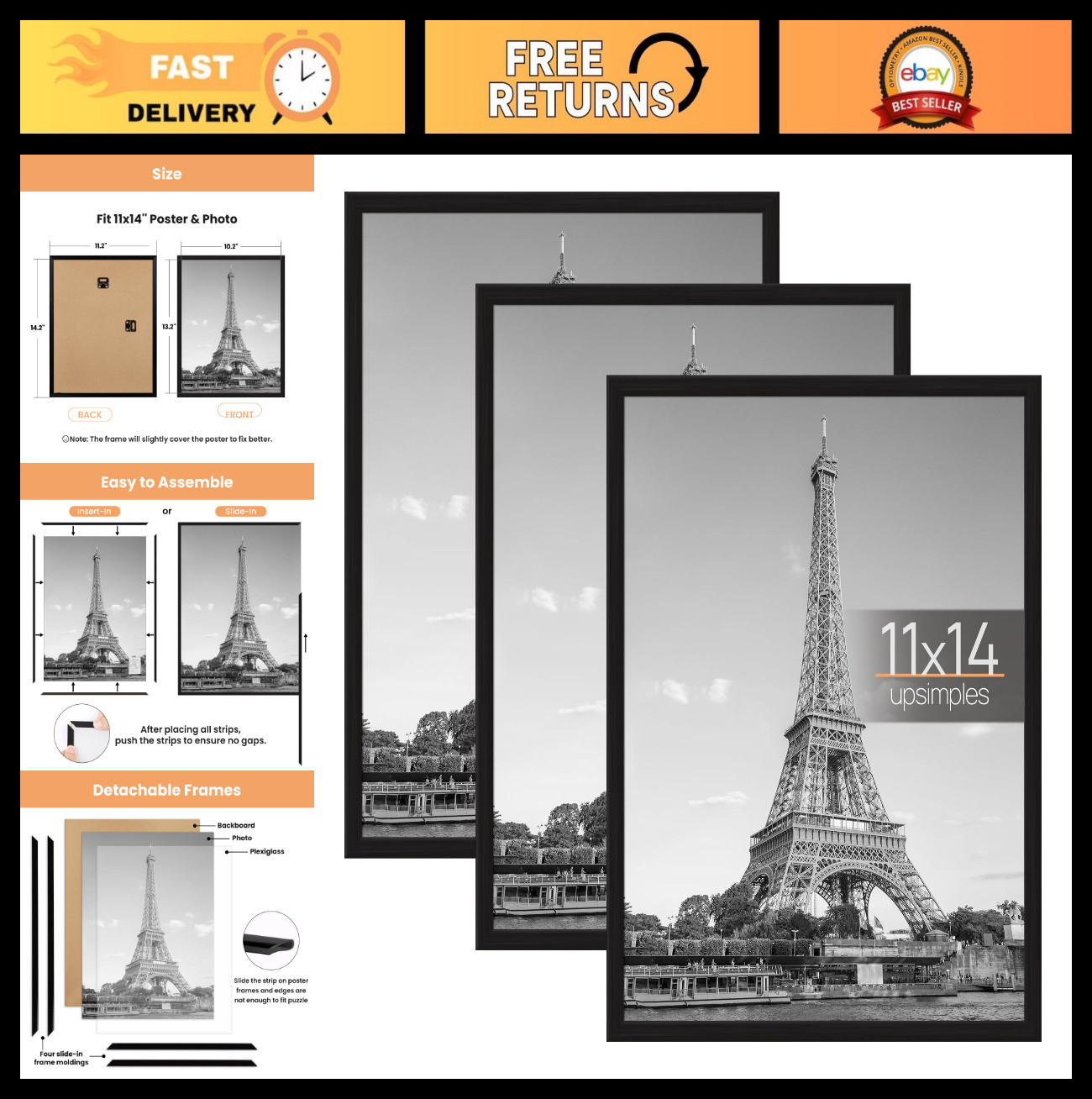 11x14 Black Picture Frame 3 Pack - Scratch-Proof Poster Frames for Wall Mounting gallery