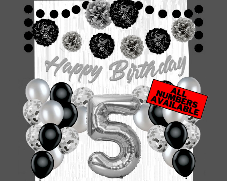 Silver & Black 5th Birthday Decorations - 40" Number Balloons & More Boy or Girl gallery