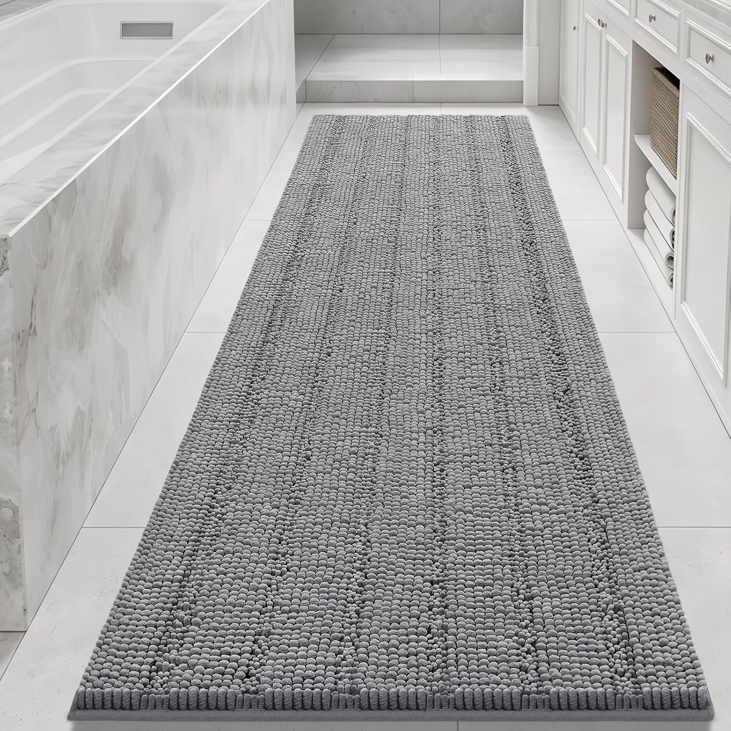 Long Bathroom Rug, Chenille Bath Runner with High Low Pile Design, Soft gallery